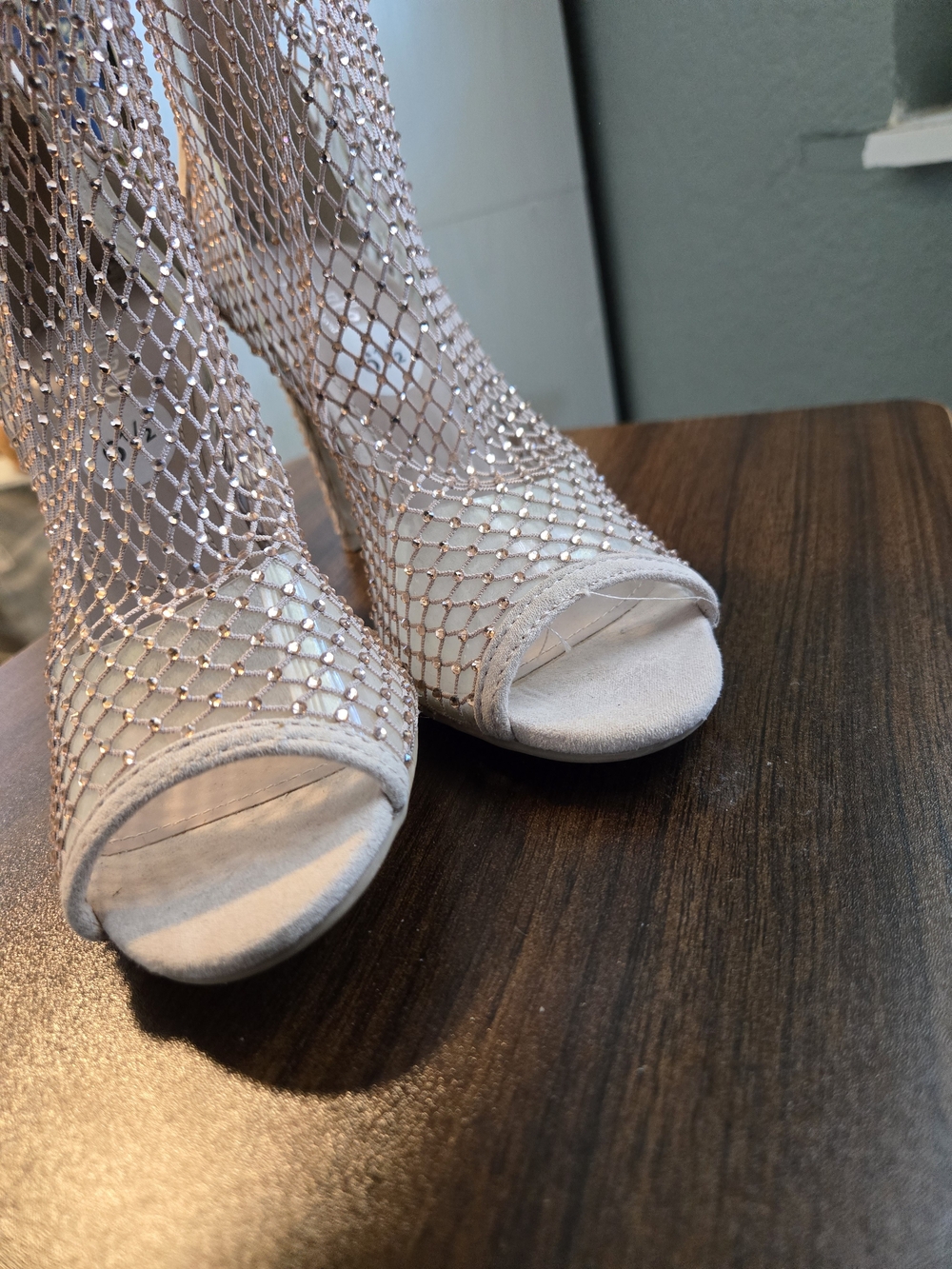 Charles David Crystal Mesh Open-Toe Heels in Blush Pink